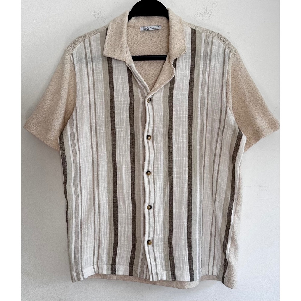 Zara Striped Linen Like Terry Textured Camp Collar Shirt SM Euro Relaxed Resort
